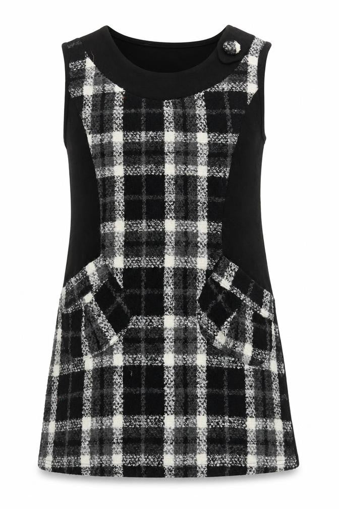 Front view of CULTURE women’s black round neck plaid polyester tunic jumper, size UK 10
