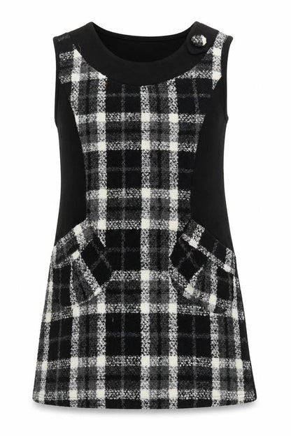 Front view of CULTURE women’s black round neck plaid polyester tunic jumper, size UK 10