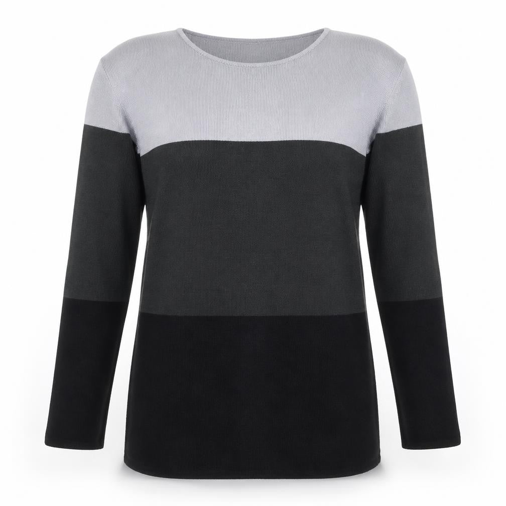 Front view of Carolyn Taylor women’s black round neck striped acrylic jumper, size S, - side slits