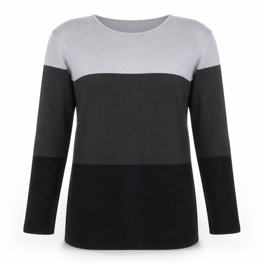 Front view of Carolyn Taylor women’s black round neck striped acrylic jumper, size S, - side slits