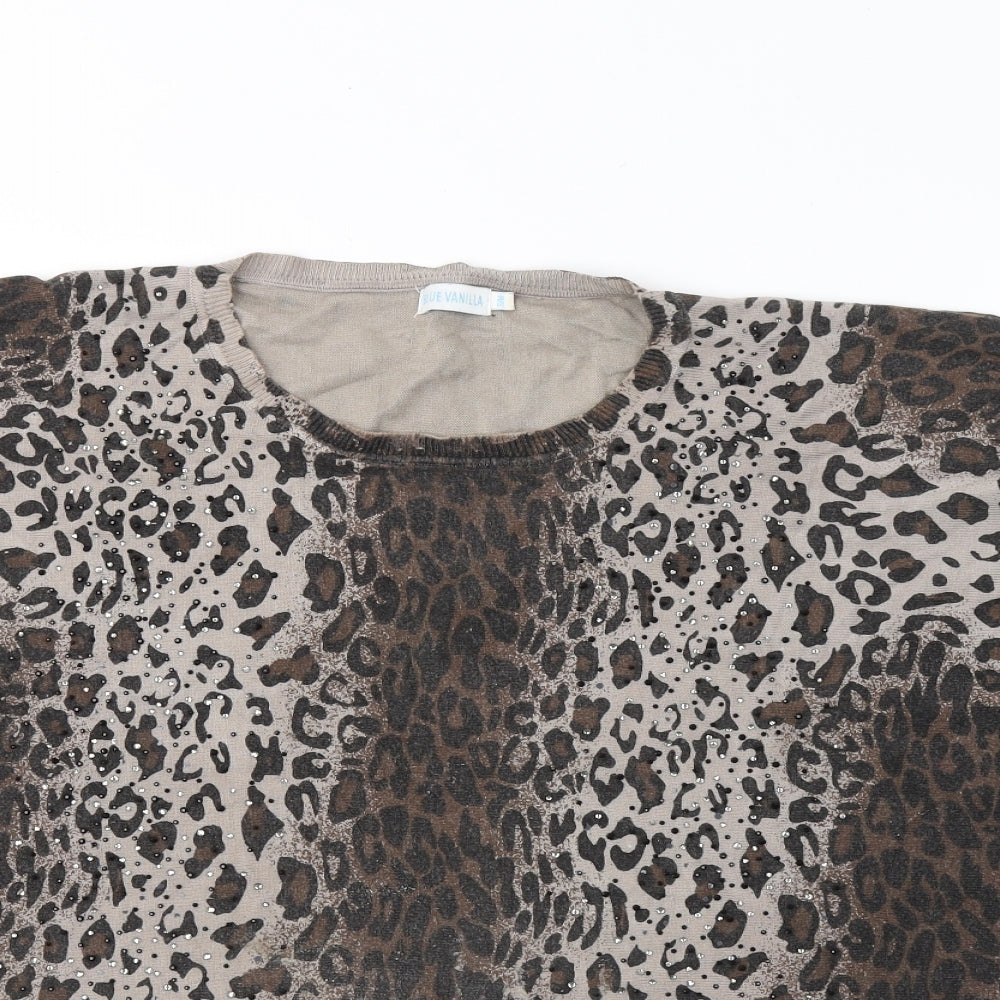 BLUE VANILLA Womens Brown Animal Print Cotton Jersey Blouse Size S Round Neck