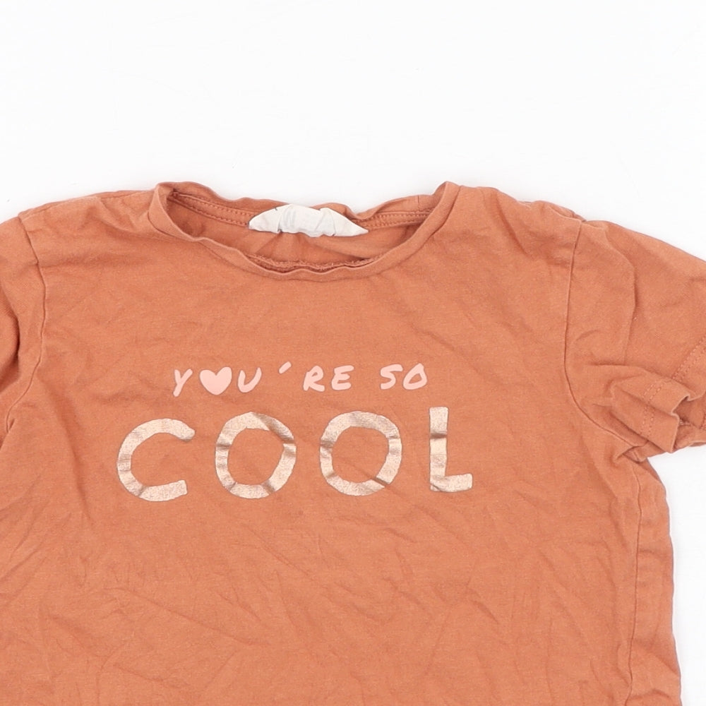 H&M Girls Orange  Cotton Basic T-Shirt Size 18-24 Months Round Neck Pullover - Slogan