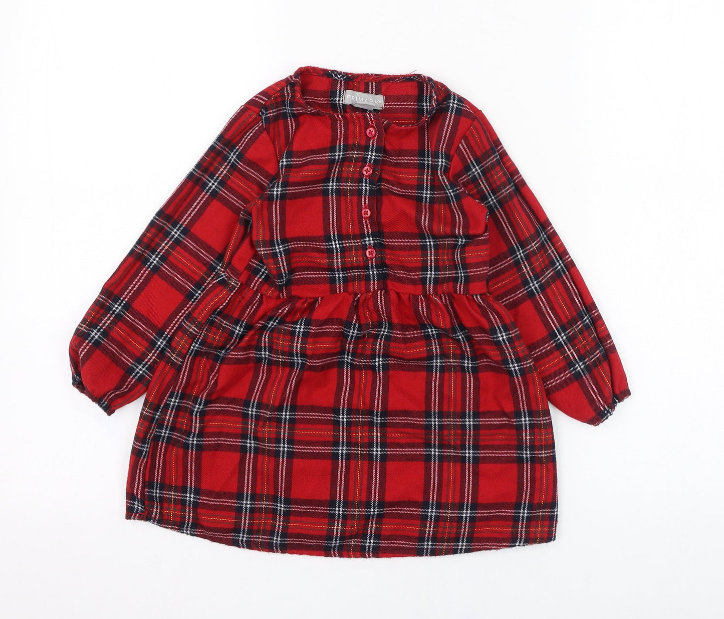 Primark Girls Red Check Polyester Skater Dress  Size 24 Months  Round Neck Button