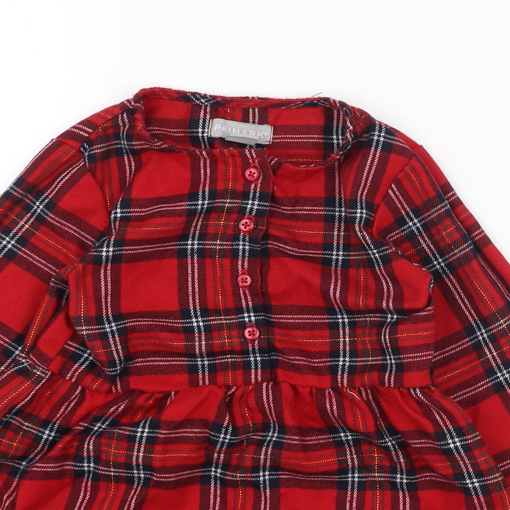 Primark Girls Red Check Polyester Skater Dress  Size 24 Months  Round Neck Button