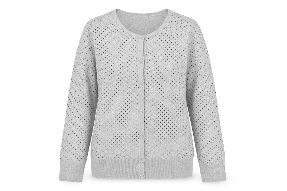 Front view of Kiabi women’s grey crew neck polka dot cotton cardigan jumper, size M