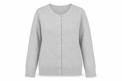 Front view of Kiabi women’s grey crew neck polka dot cotton cardigan jumper, size M