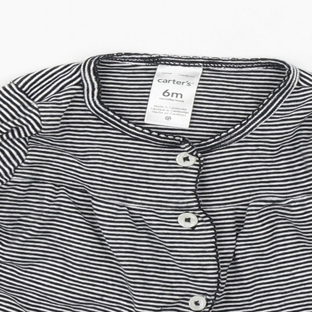 Carters Girls Black Striped 100% Cotton Basic T-Shirt Size 6-9 Months Round Neck Button