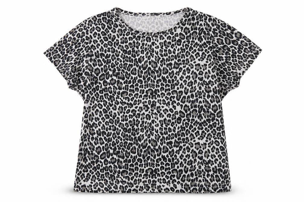 Front view of Sara Woman women’s grey animal print polyester basic t-shirt, size UK 10, round neck