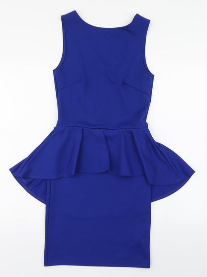 A Wear Womens Blue  Polyester Pencil Dress  Size 8  Scoop Neck Zip - Hip Ruffle
