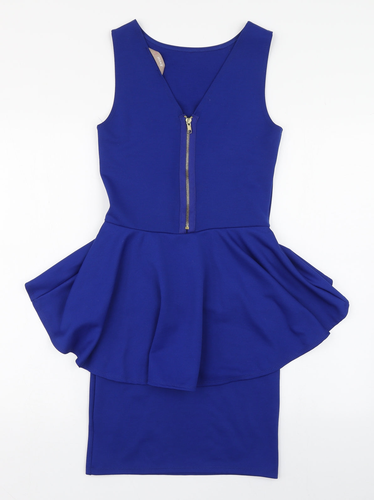 A Wear Womens Blue  Polyester Pencil Dress  Size 8  Scoop Neck Zip - Hip Ruffle