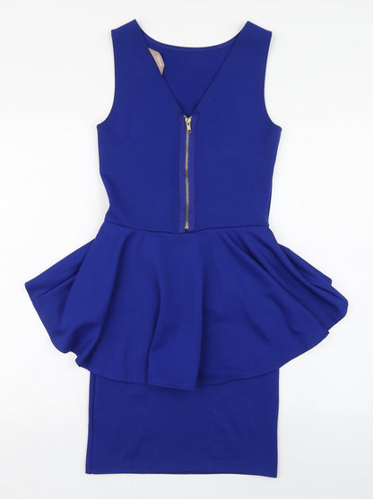 A Wear Womens Blue  Polyester Pencil Dress  Size 8  Scoop Neck Zip - Hip Ruffle