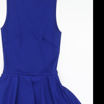 A Wear Womens Blue  Polyester Pencil Dress  Size 8  Scoop Neck Zip - Hip Ruffle