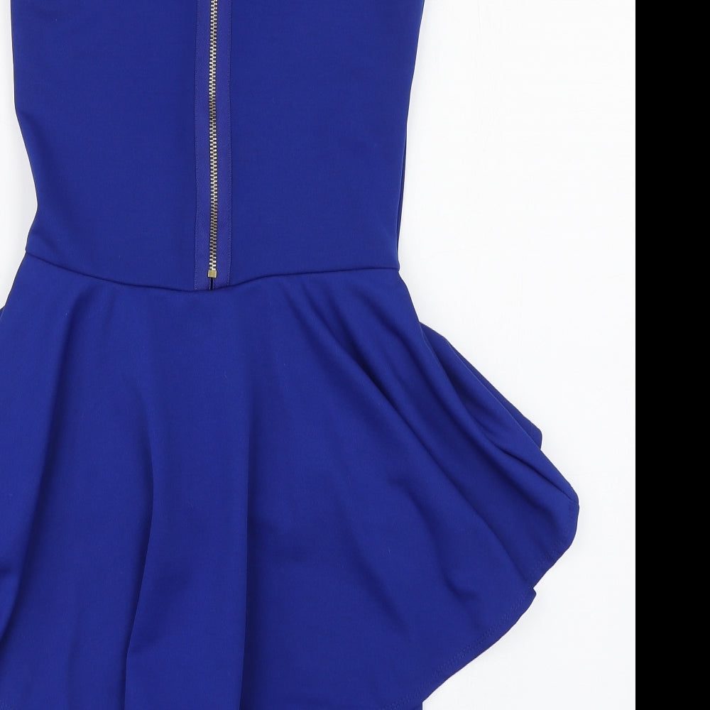 A Wear Womens Blue  Polyester Pencil Dress  Size 8  Scoop Neck Zip - Hip Ruffle