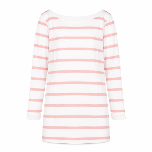 Front view of VILA women’s white striped 100% cotton basic t-shirt, size M, boat neck