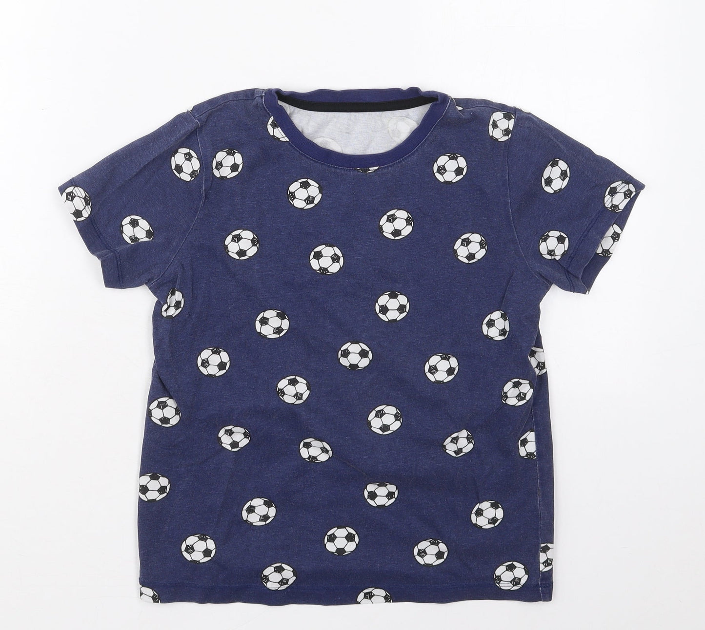 F&F Boys Blue  Cotton Basic T-Shirt Size 9-10 Years Crew Neck Pullover - Footballs