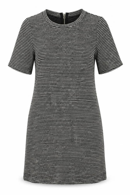 Front view of H&M women’s grey striped polyester a-line, size UK 10, crew neck zip