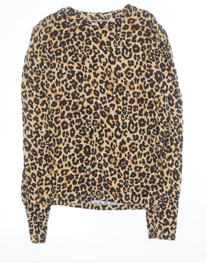 Primark Womens Brown Animal Print Viscose Basic Polo Size 2XS Round Neck