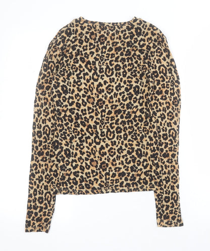 Primark Womens Brown Animal Print Viscose Basic Polo Size 2XS Round Neck