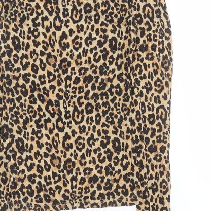 Primark Womens Brown Animal Print Viscose Basic Polo Size 2XS Round Neck