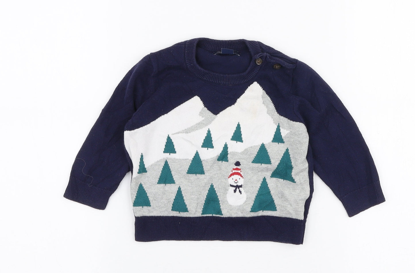 Gap Boys Blue  100% Cotton Pullover Jumper Size 6-9 Months  Button - Christmas Snowman