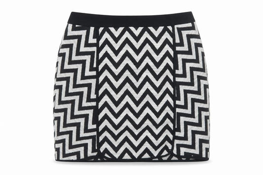 Front view of Dunnes women’s grey striped cotton a-line skirt, size UK 10, zip