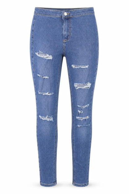Front view of Topshop women’s blue cotton skinny jeans, size UK 26, in, 32-inch leg regular button