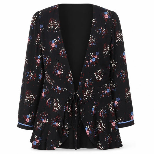 Front view of Jack Wills women’s black floral jacket blazer, size UK 8, tie