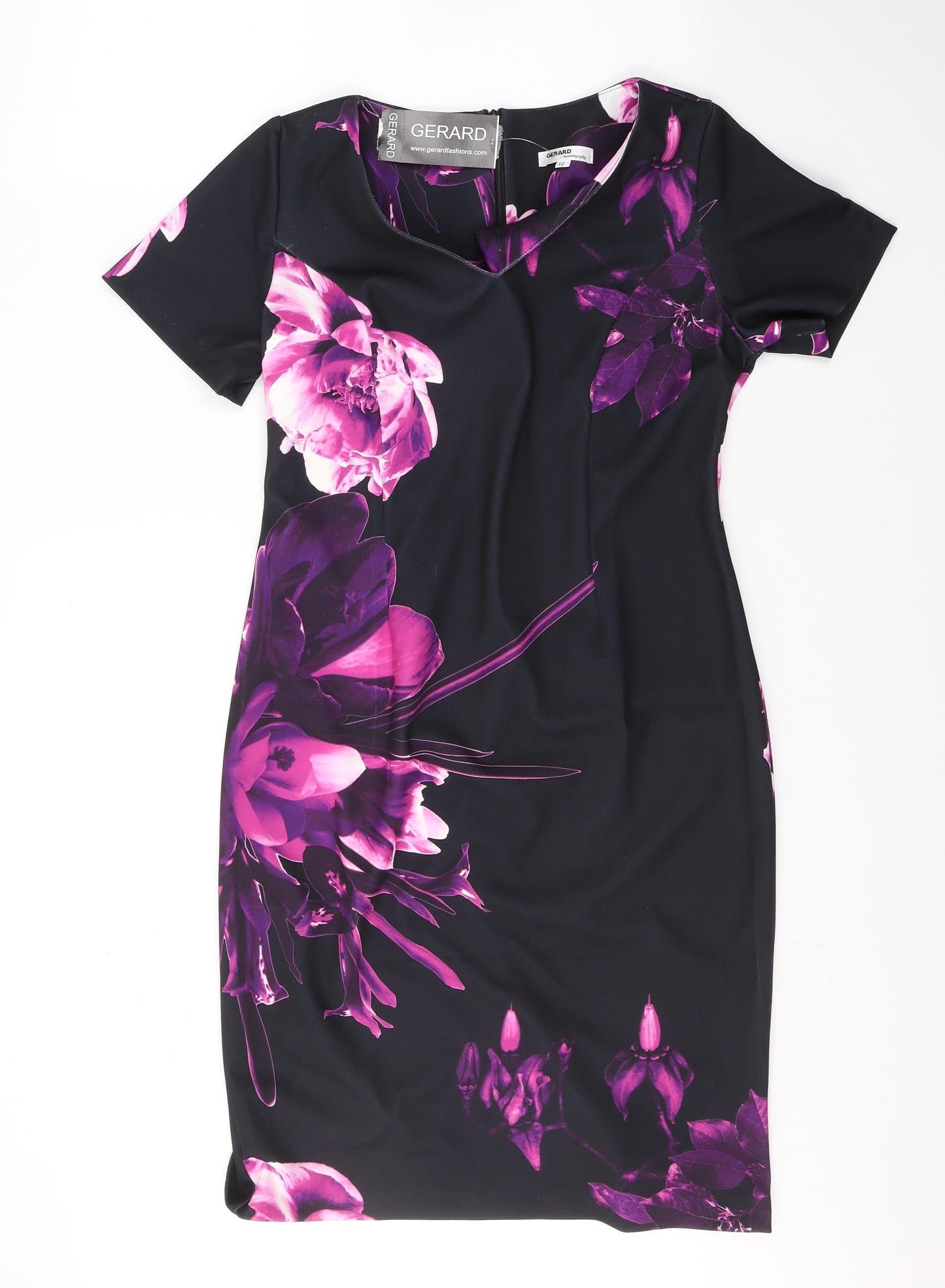 Gerard Womens Black Floral Polyester A-Line  Size 12  V-Neck Zip