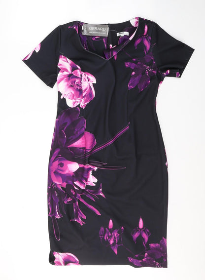 Gerard Womens Black Floral Polyester A-Line  Size 12  V-Neck Zip