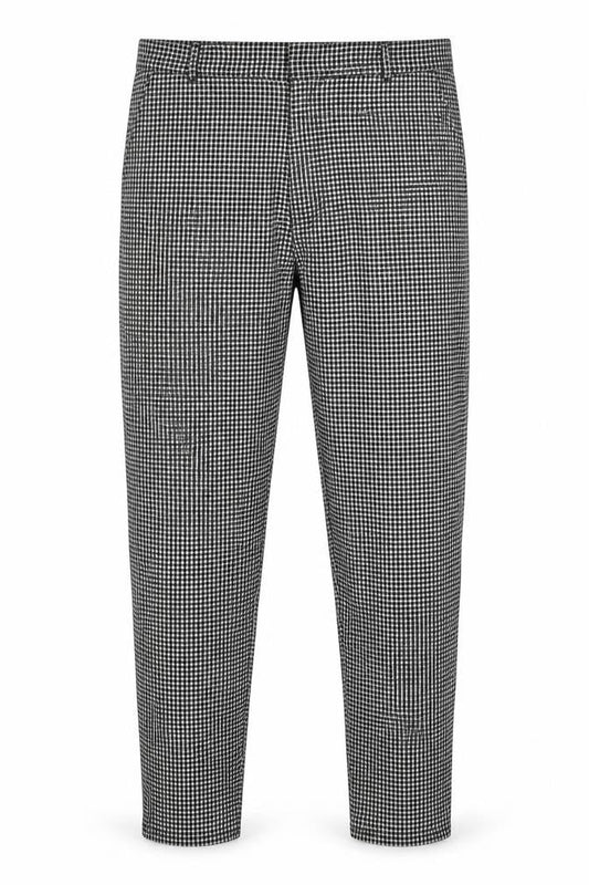Front view of boohooMAN men’s multicoloured check polyester trousers, size M, 29-inch leg regular button