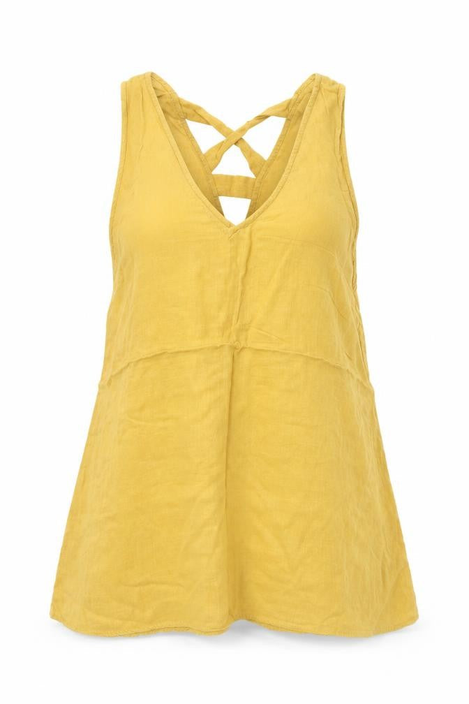 Front view of New Look women’s yellow viscose tunic tank, size UK 10, v-neck