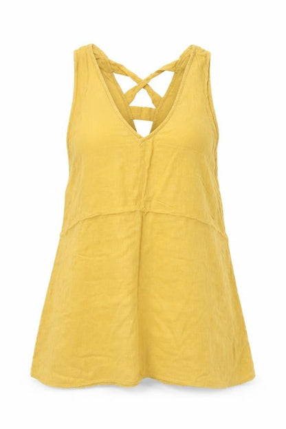 Front view of New Look women’s yellow viscose tunic tank, size UK 10, v-neck