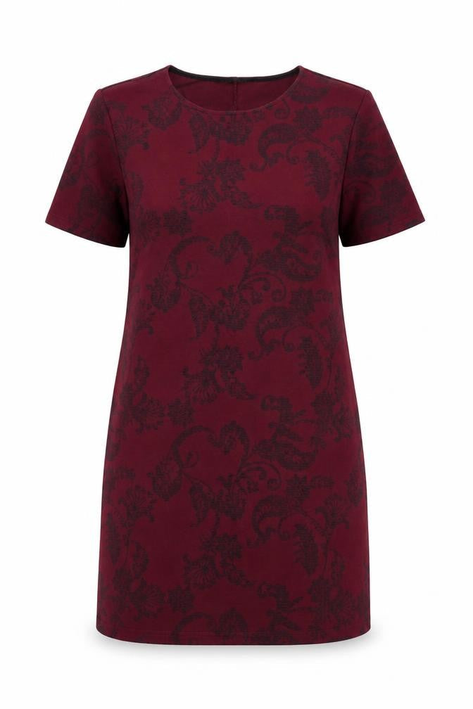 Front view of Dorothy Perkins women’s purple geometric polyester jumper dress, size UK 14, round neck