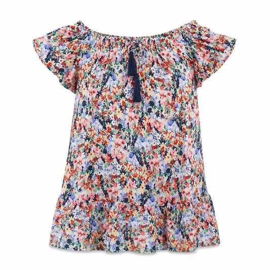 Front view of Peacocks women’s multicoloured geometric viscose shift, size M, boat neck