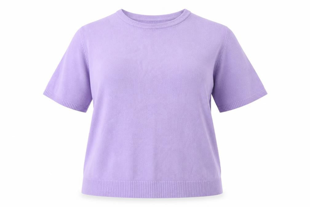 Front view of Pure & Natural women’s purple round neck acrylic jumper, size UK 14