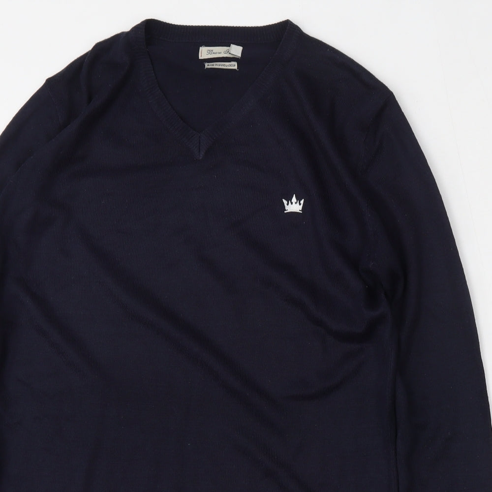 Brave Soul Mens Blue V-Neck  Acrylic Pullover Jumper Size S