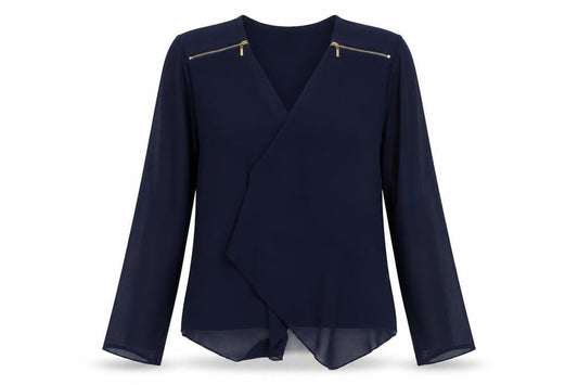 Front view of Mela London women’s blue v-neck polyester cardigan jumper, size S
