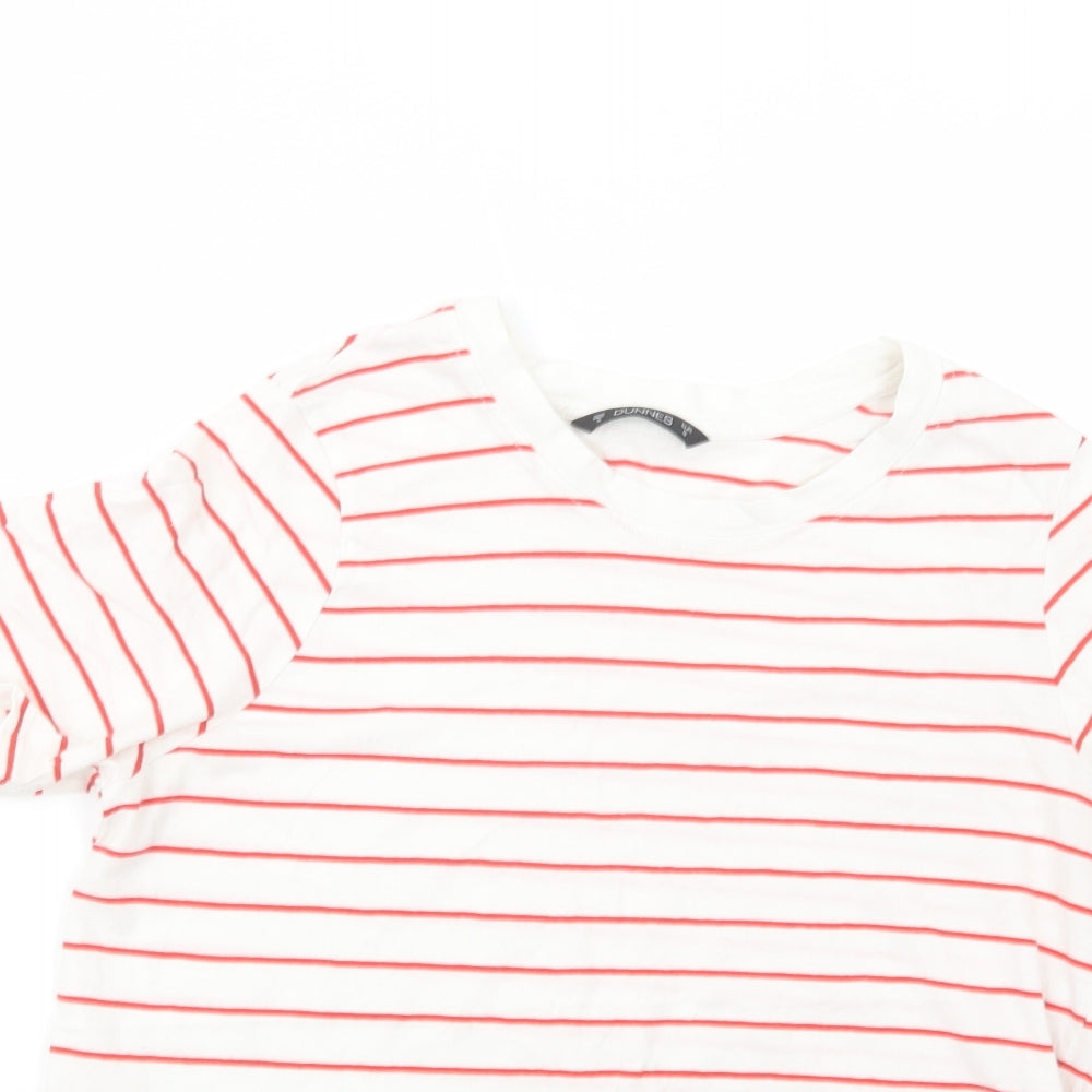 Dunnes Womens White Striped Cotton Basic T-Shirt Size S Crew Neck