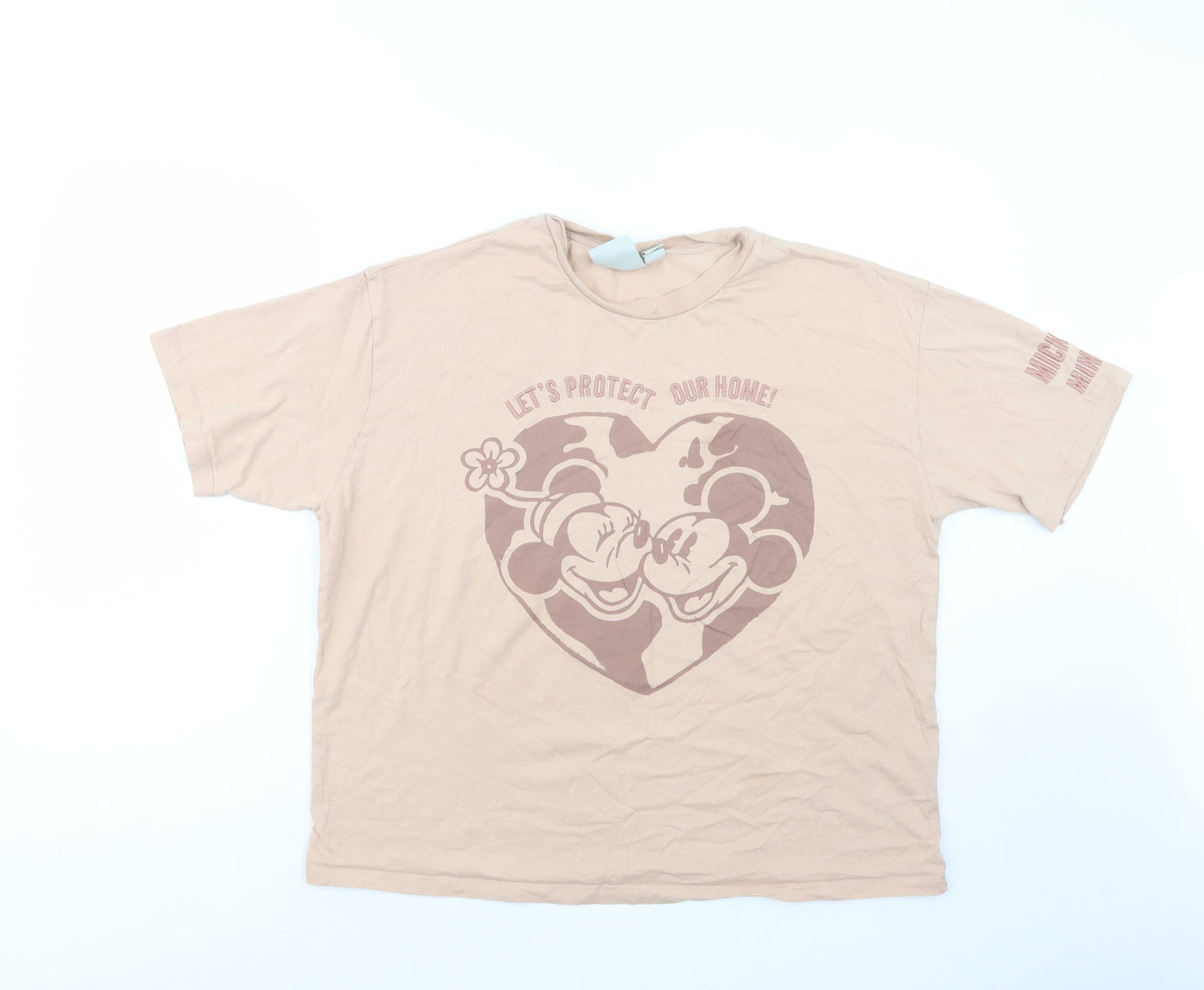 Primark Womens Beige  Cotton Basic T-Shirt Size 12 Crew Neck - Mickey and Minnie Mouse