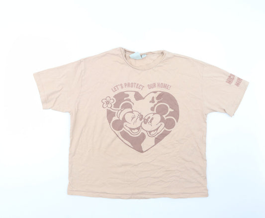 Primark Womens Beige  Cotton Basic T-Shirt Size 12 Crew Neck - Mickey and Minnie Mouse