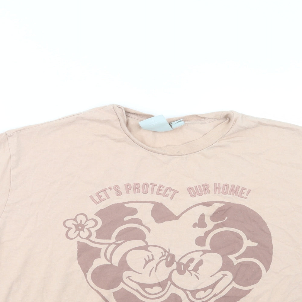 Primark Womens Beige  Cotton Basic T-Shirt Size 12 Crew Neck - Mickey and Minnie Mouse