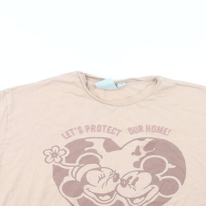 Primark Womens Beige  Cotton Basic T-Shirt Size 12 Crew Neck - Mickey and Minnie Mouse