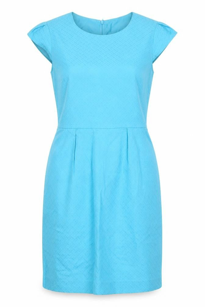 Front view of Oasis women’s blue cotton pencil dress, size UK 10, boat neck zip