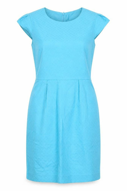 Front view of Oasis women’s blue cotton pencil dress, size UK 10, boat neck zip