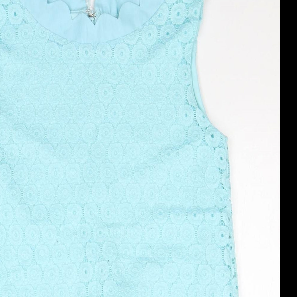 Marc Angelo Womens Blue Geometric Polyester Basic T-Shirt Size 8 Round Neck