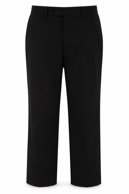 Front view of Cedarwood State men’s black polyester trousers, size 34, in, 31-inch leg regular button