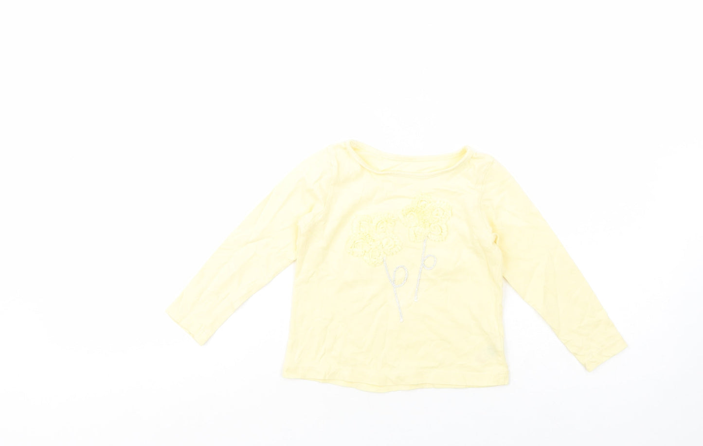 Dunnes Stores Girls Yellow  Cotton Pullover T-Shirt Size 3 Years Crew Neck Pullover - Flower Detail