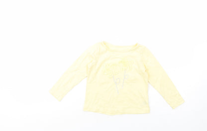 Dunnes Stores Girls Yellow  Cotton Pullover T-Shirt Size 3 Years Crew Neck Pullover - Flower Detail
