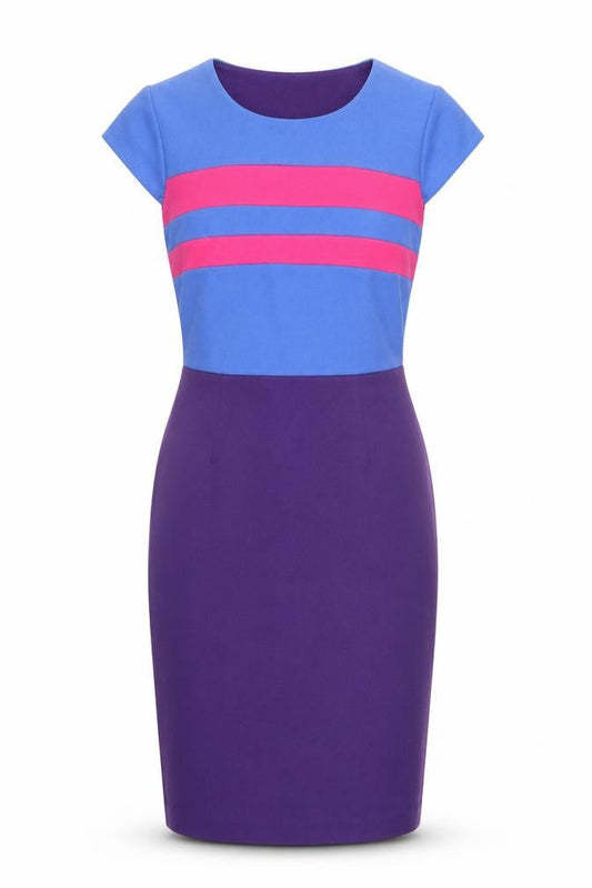 Front view of Collection London women’s purple striped polyester pencil dress, size UK 12, boat neck zip
