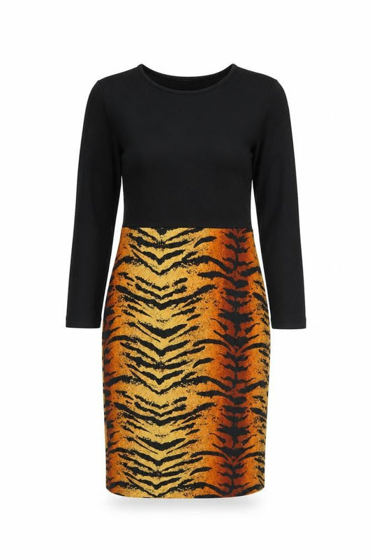 Front view of Indulgence women’s black animal print wool bodycon, size M, crew neck pullover